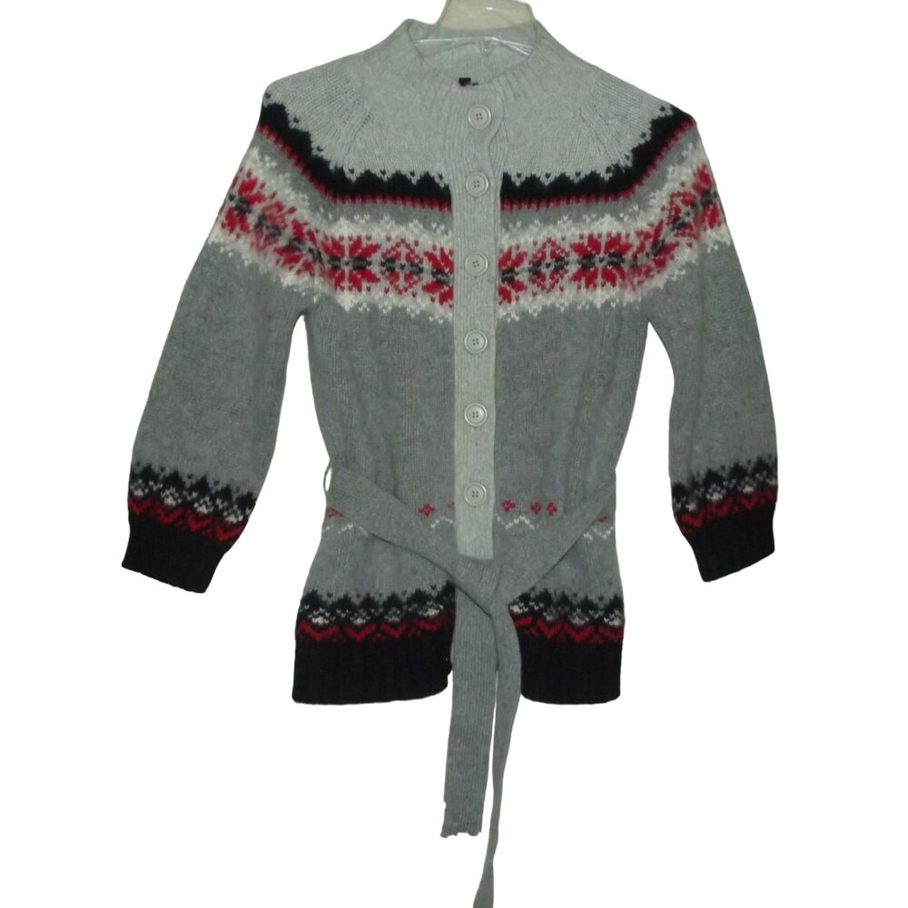 Great Lakes Cardigan Sweater Womens Large Fair Isle Nordic LambsWool Angora gray